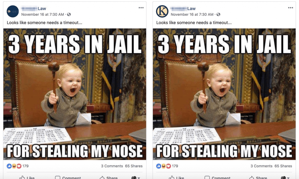 Example of a Facebook post where a baby is holding a law hammer