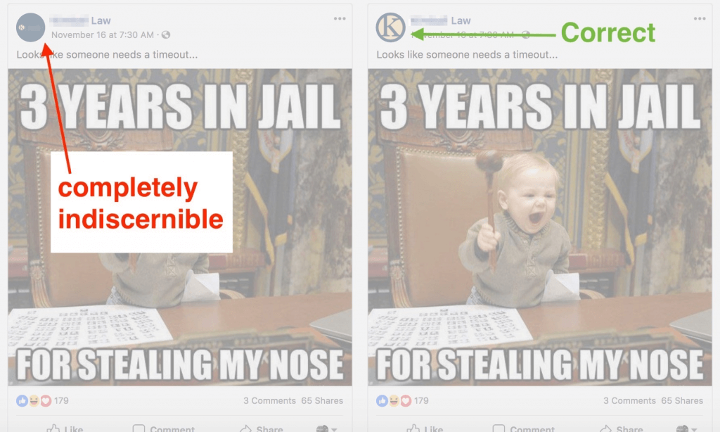 Comparison of two Facebook post with a red arrow pointing at an incorrect post and a green arrow pointing at a correct post