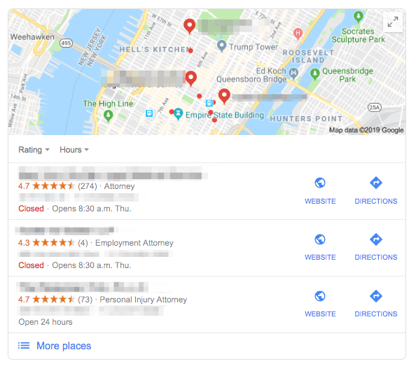 Example of Google Map Pack top 3 listings
