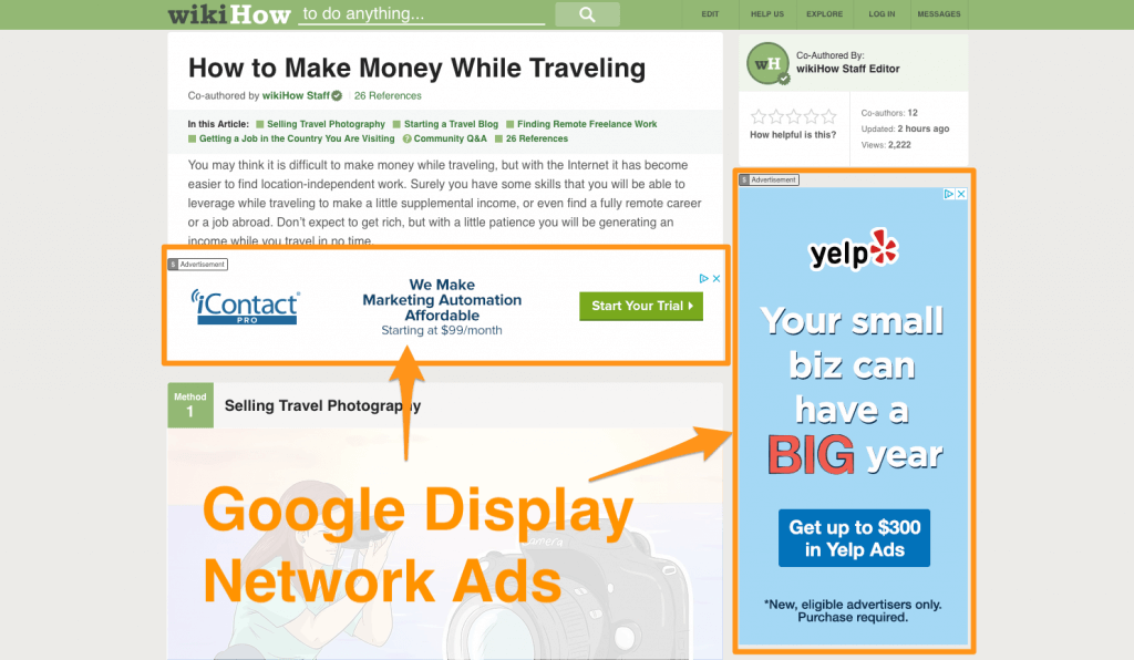 Screenshot of wikihow and yellow arrows pointing at some Ads displayed by Google