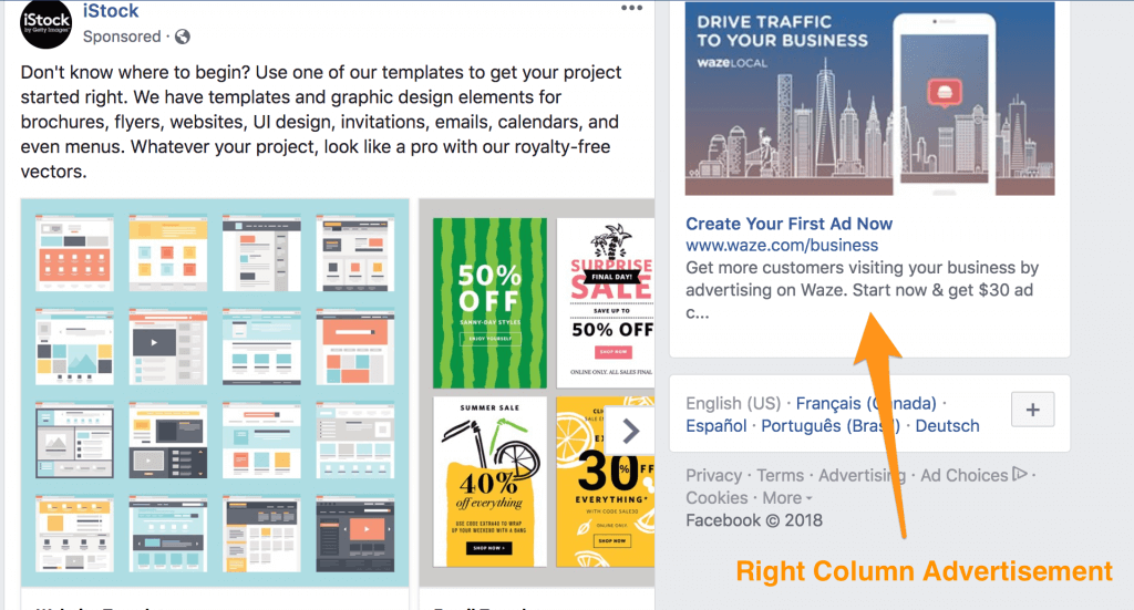 Examples of some ads in the News Feed and Sidebar on Facebook