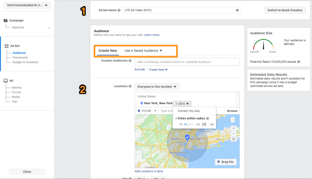 Setting a campaing on Facebook Ads and creating the audience