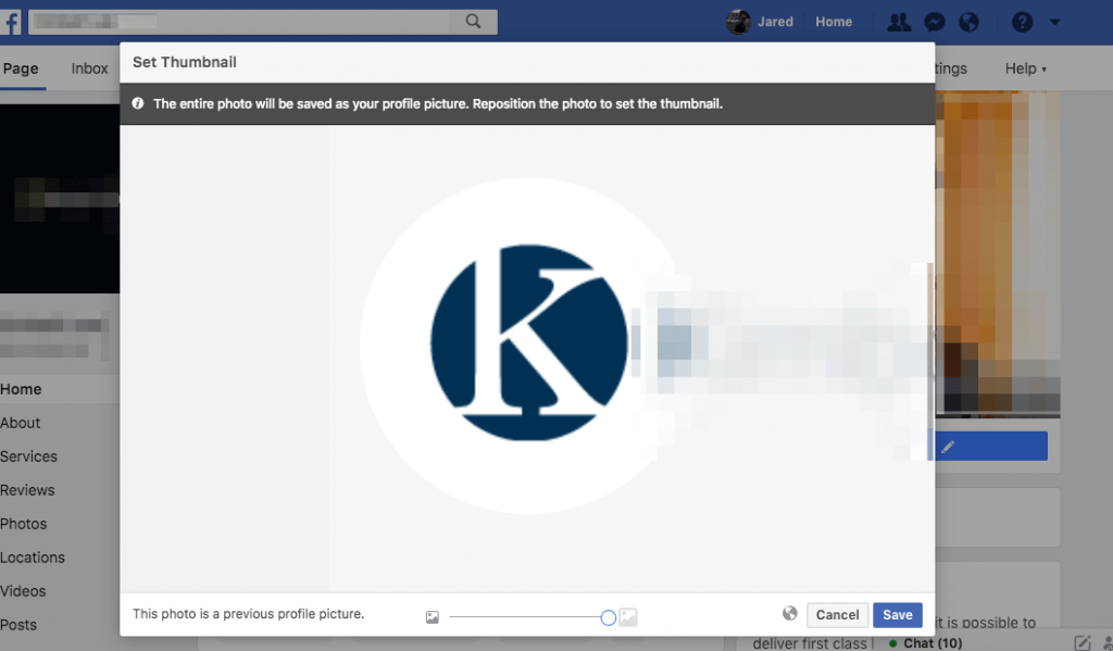 Example of uploading a logo to a Business Page in Facebook