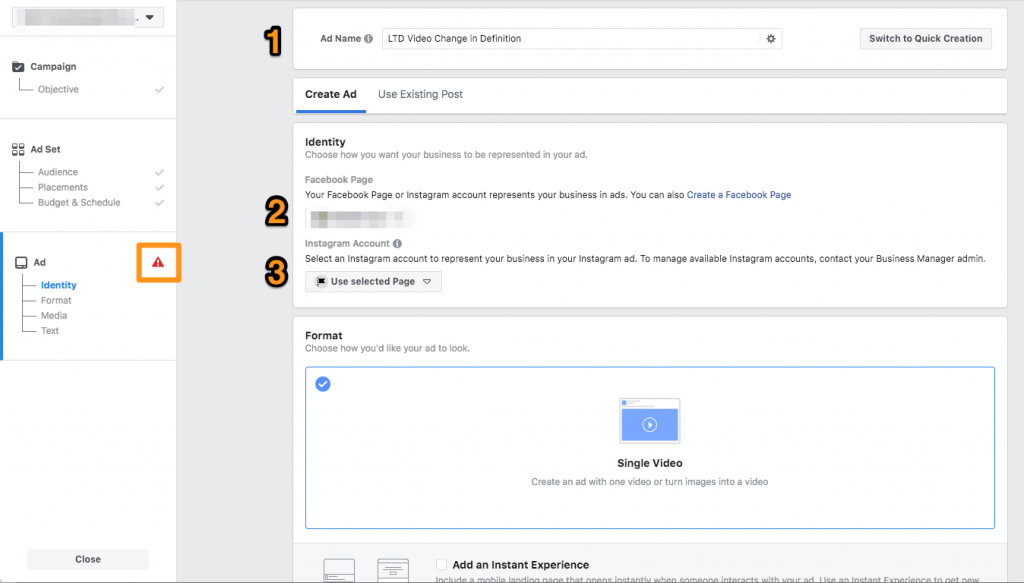 Screenshot of Facebook Ads Dashboards explaining how to create a name for the ad