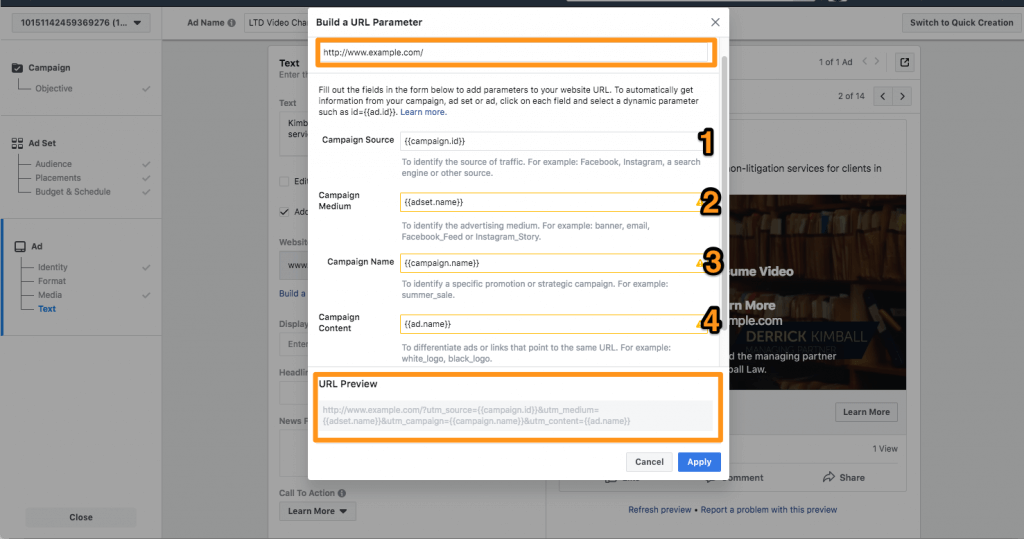 Screenshot of dialog box showing an URL parameter to track the Facebook Ad with Google Analytics