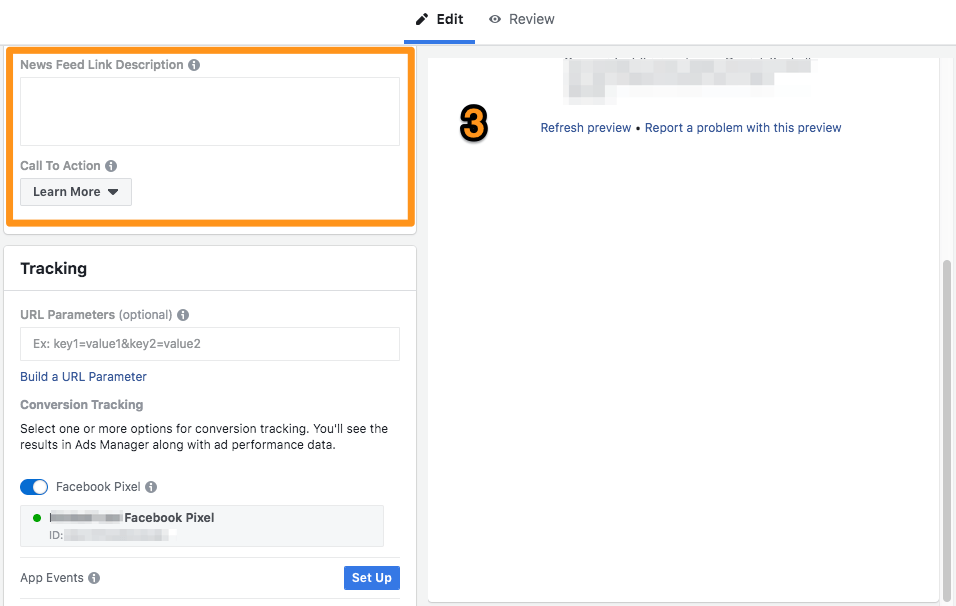 Screenshot with orange box showing where to add text for call to action on Facebook Ads Video