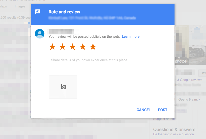 Example of screen to leave a Google Review